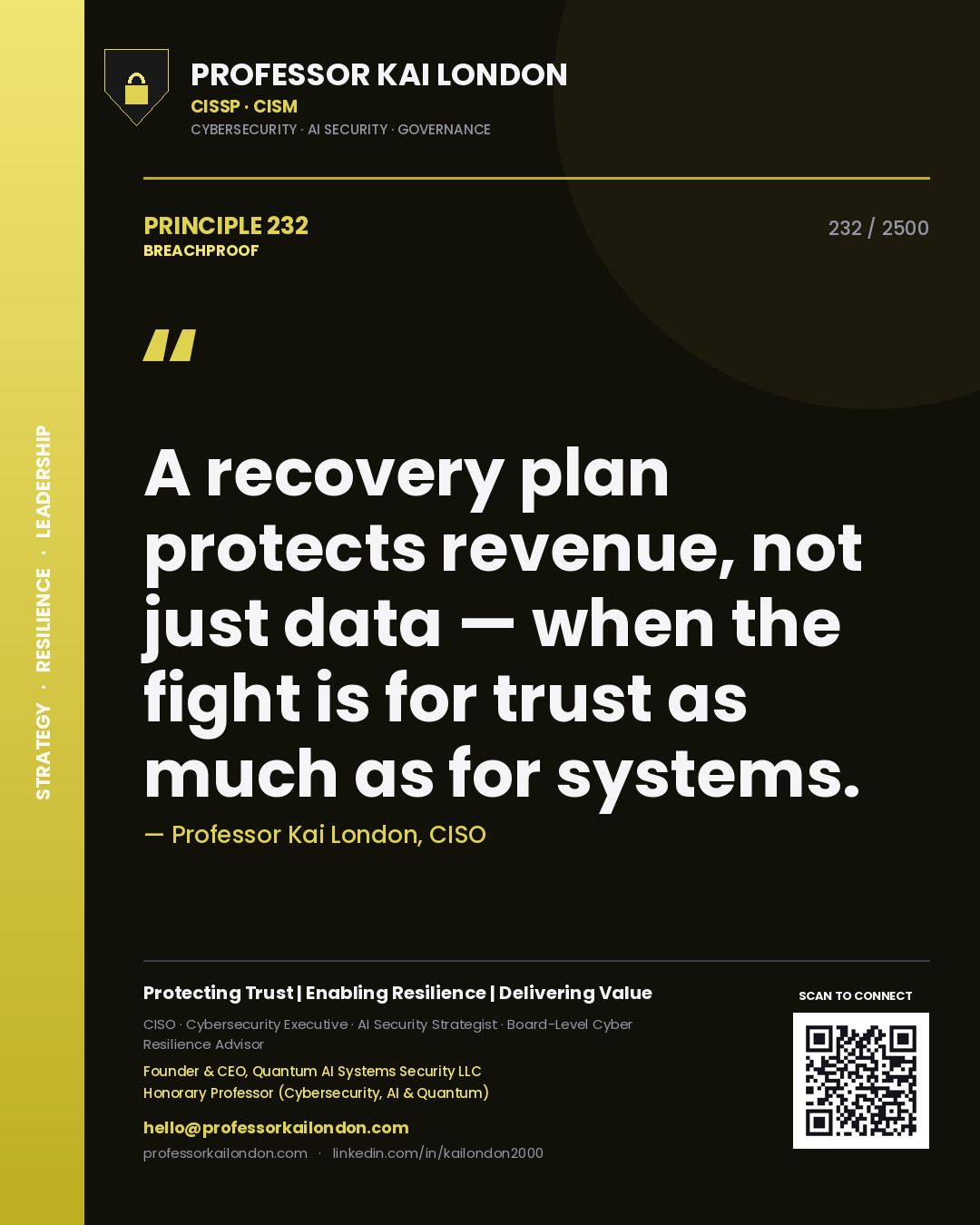 Professor Kai London principle 232: A recovery plan protects revenue, not just data — when the fight is for trust as much as for systems.