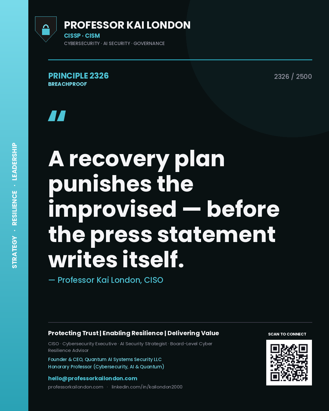 Quote card by Professor Kai London reading 'A recovery plan punishes the improvised — before the press statement writes itself.'. From the book Breachproof.
