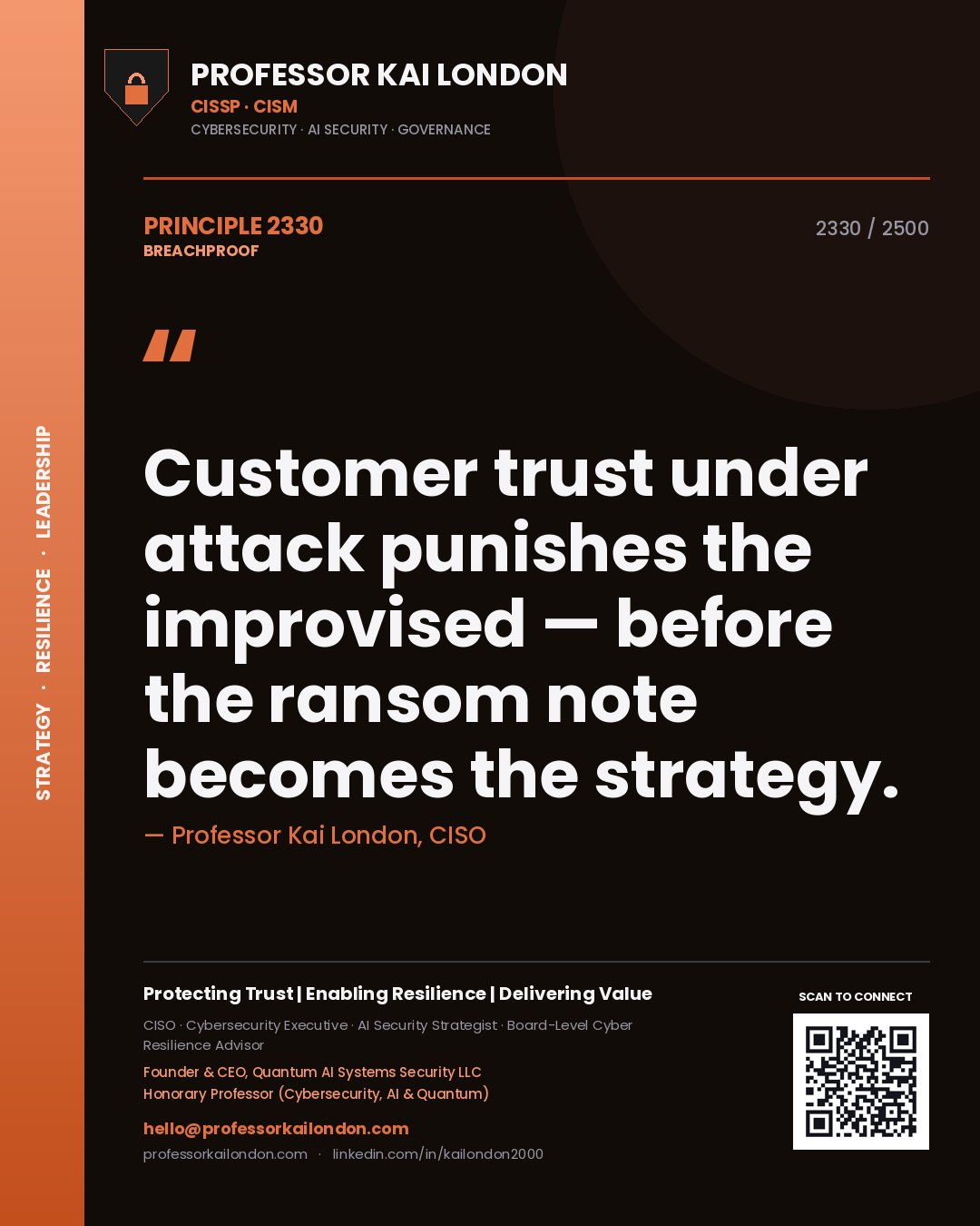 Quote card by Professor Kai London reading 'Customer trust under attack punishes the improvised — before the ransom note becomes the strategy.'. From the book Breachproof.