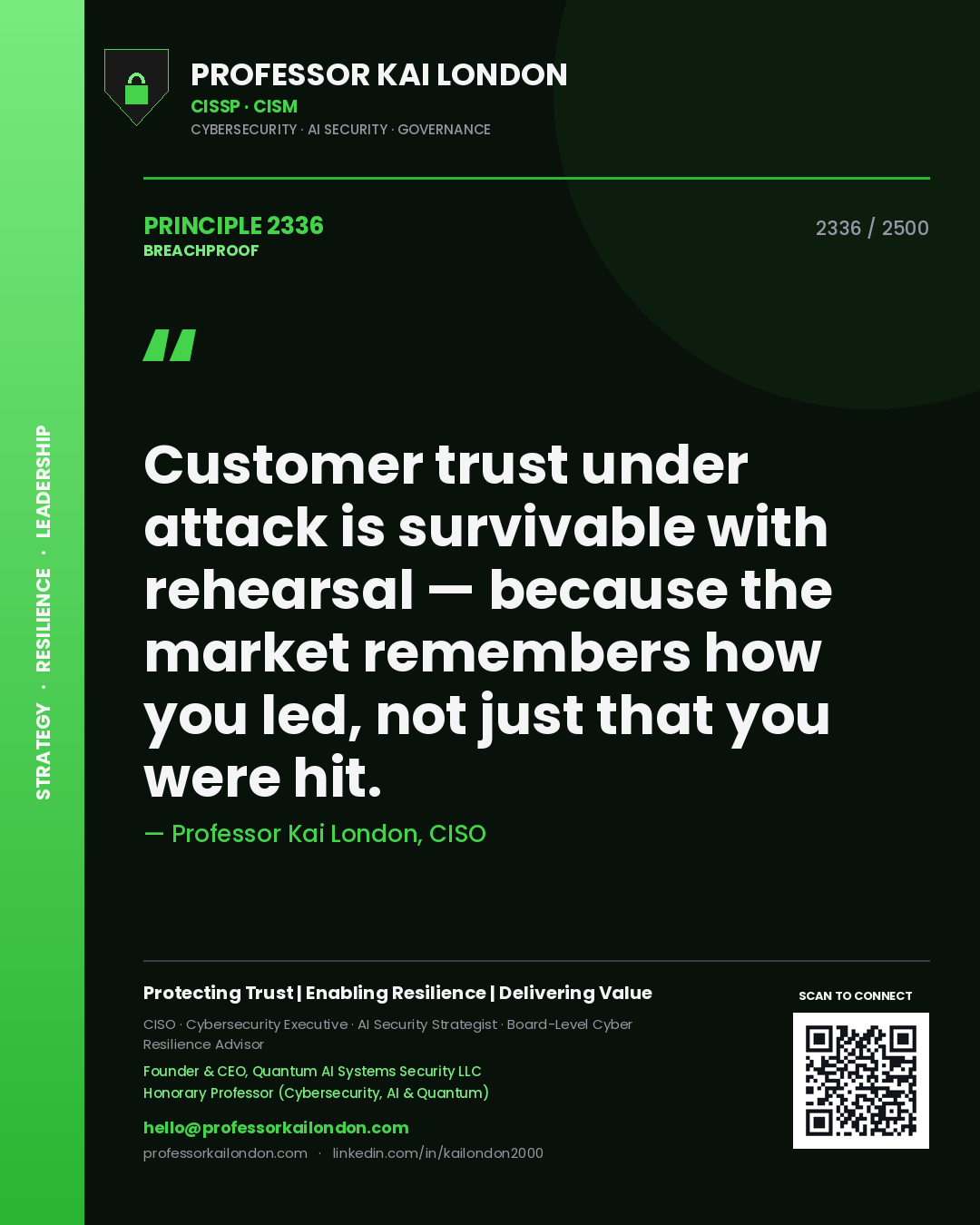 Quote card by Professor Kai London reading 'Customer trust under attack is survivable with rehearsal — because the market remembers how you led, not just that you were hit.'. From the book Breachproof.