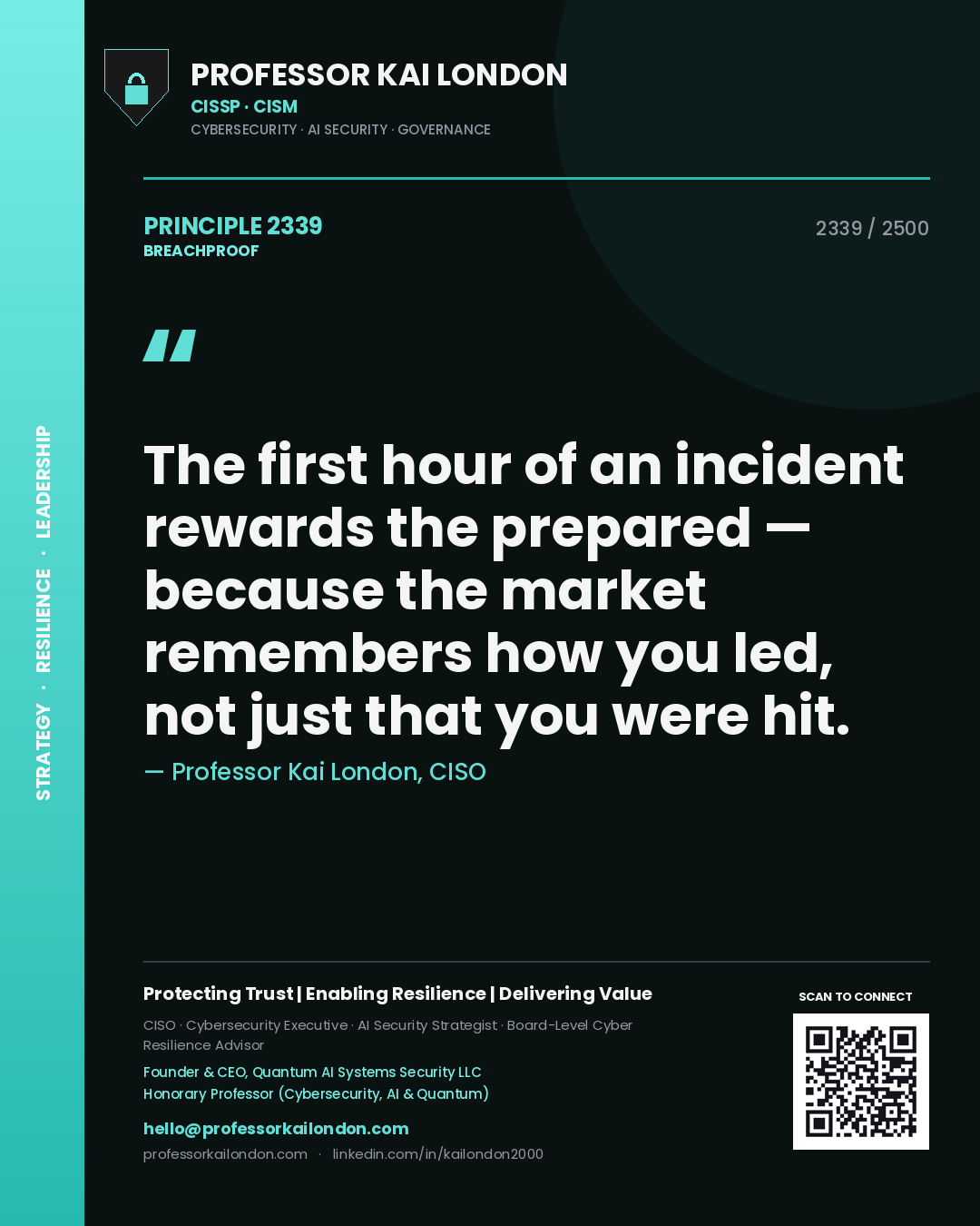 Quote card by Professor Kai London reading 'The first hour of an incident rewards the prepared — because the market remembers how you led, not just that you were hit.'. From the book Breachproof.