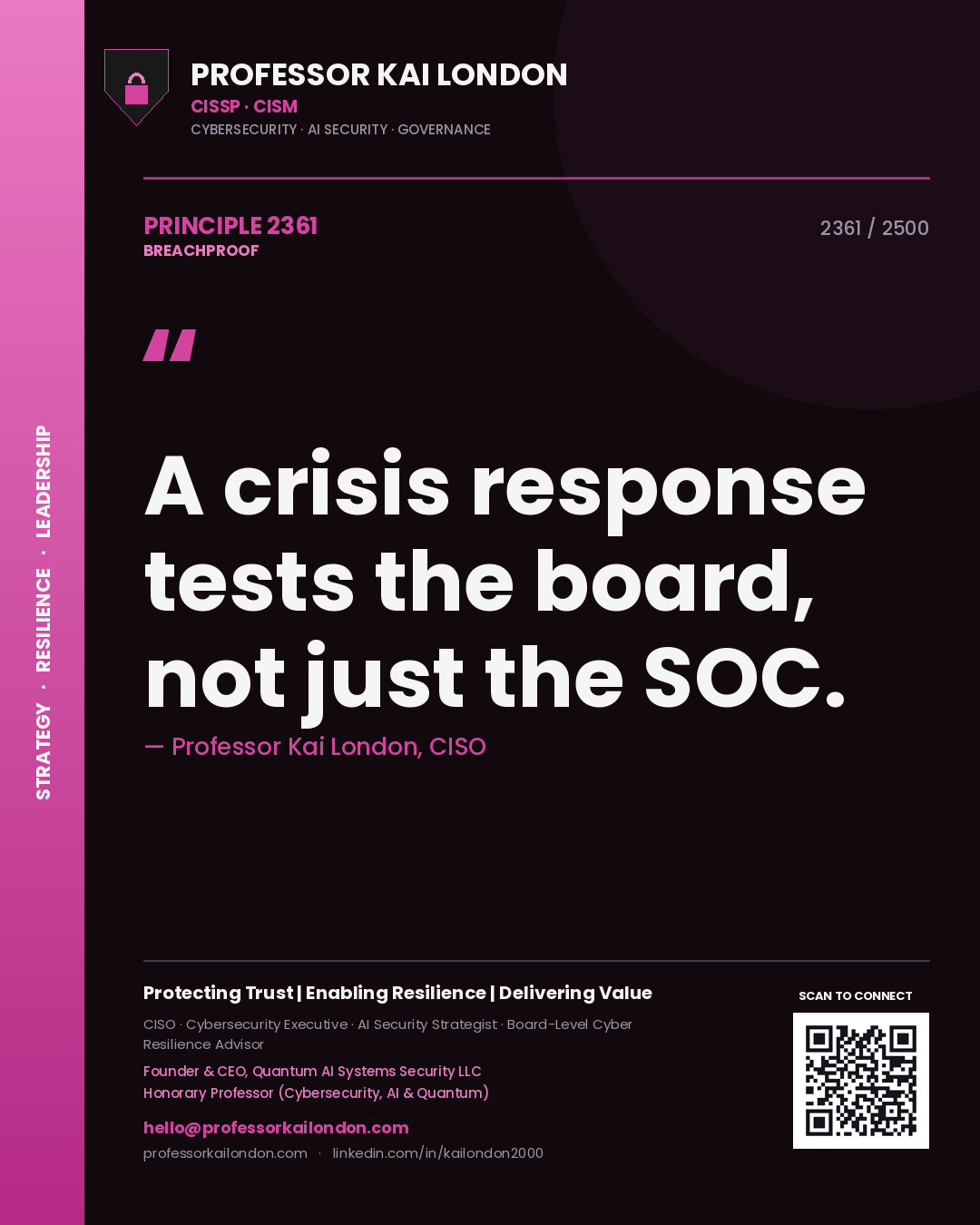 Quote card by Professor Kai London reading 'A crisis response tests the board, not just the SOC.'. From the book Breachproof.