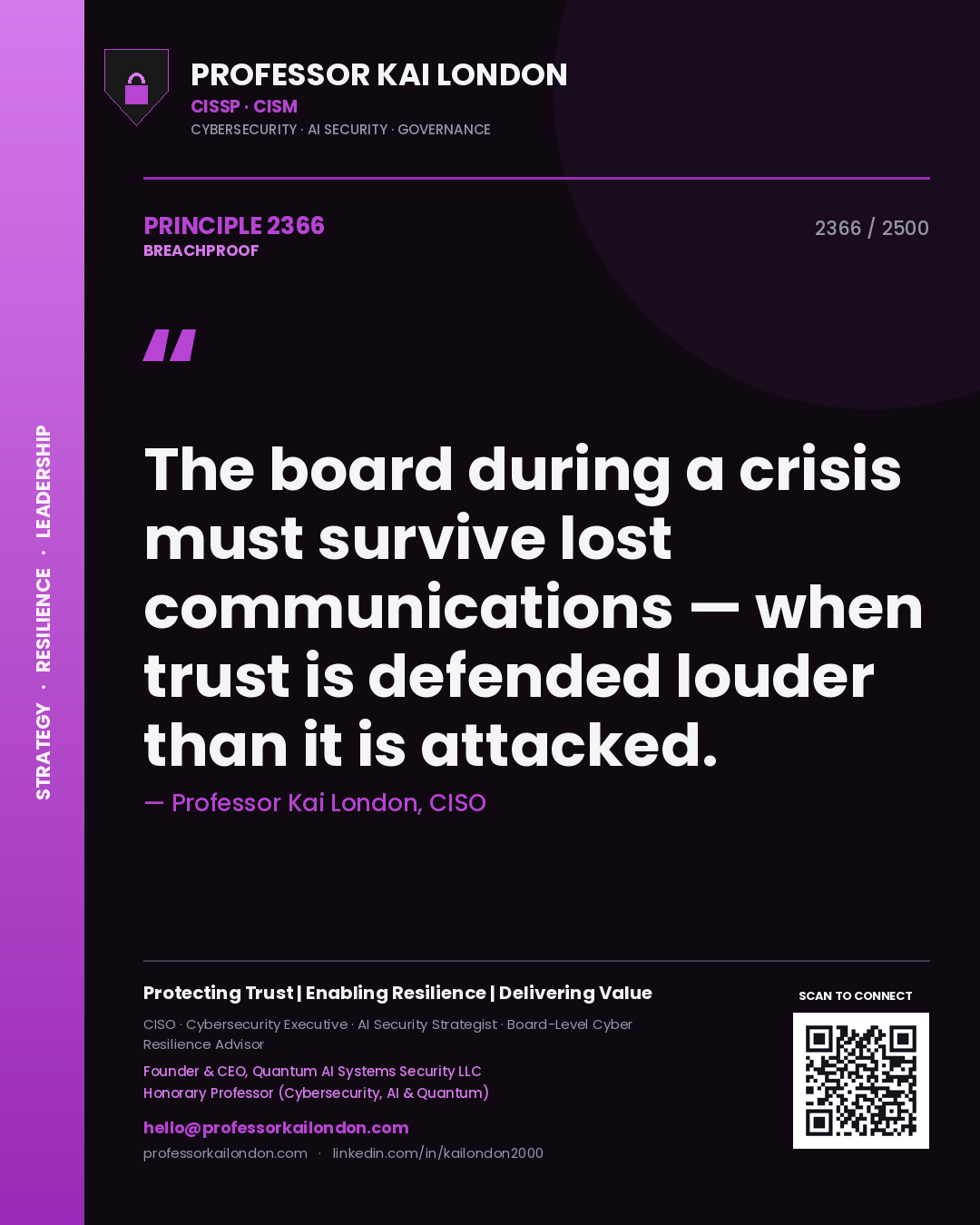 Quote card by Professor Kai London reading 'The board during a crisis must survive lost communications — when trust is defended louder than it is attacked.'. From the book Breachproof.