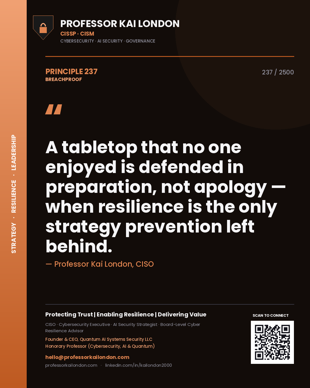 Quote card by Professor Kai London reading 'A tabletop that no one enjoyed is defended in preparation, not apology — when resilience is the only strategy prevention left behind.'. From the book Breachproof.