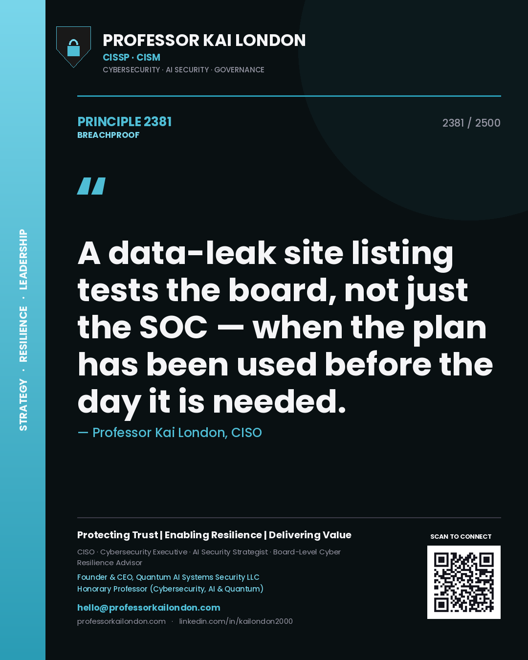 Quote card by Professor Kai London reading 'A data-leak site listing tests the board, not just the SOC — when the plan has been used before the day it is needed.'. From the book Breachproof.