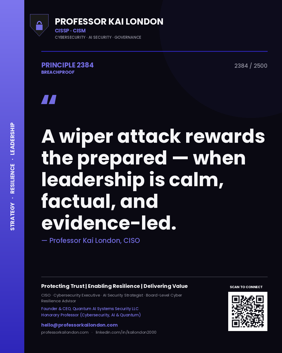 Quote card by Professor Kai London reading 'A wiper attack rewards the prepared — when leadership is calm, factual, and evidence-led.'. From the book Breachproof.