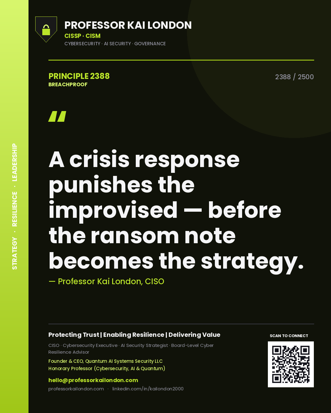 Quote card by Professor Kai London reading 'A crisis response punishes the improvised — before the ransom note becomes the strategy.'. From the book Breachproof.