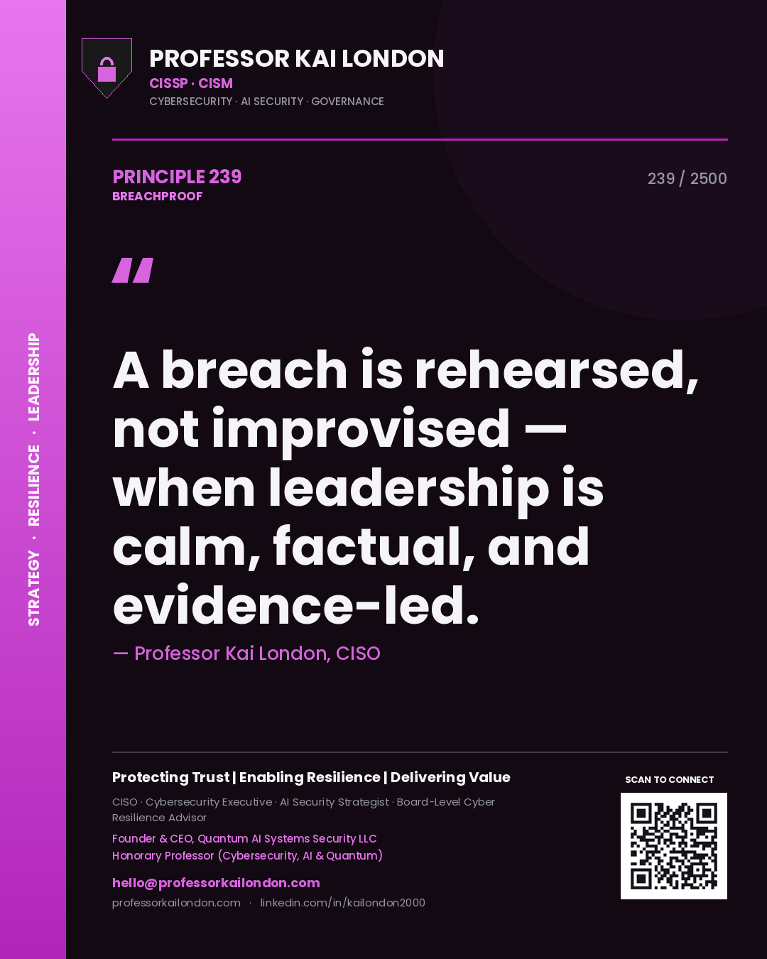 Quote card by Professor Kai London reading 'A breach is rehearsed, not improvised — when leadership is calm, factual, and evidence-led.'. From the book Breachproof.