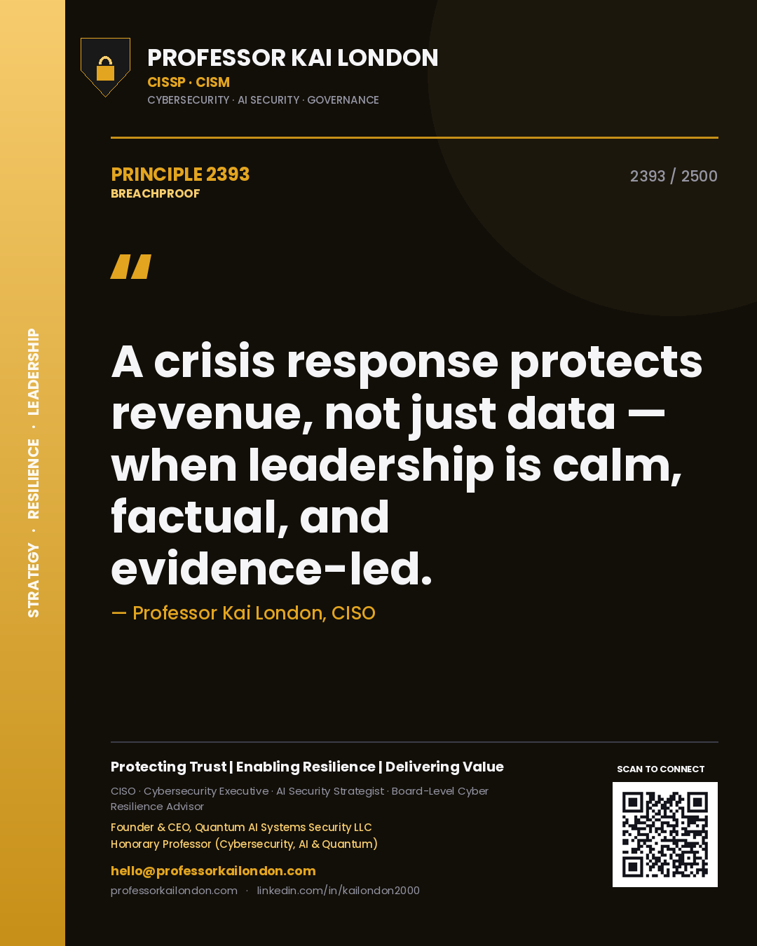 Quote card by Professor Kai London reading 'A crisis response protects revenue, not just data — when leadership is calm, factual, and evidence-led.'. From the book Breachproof.