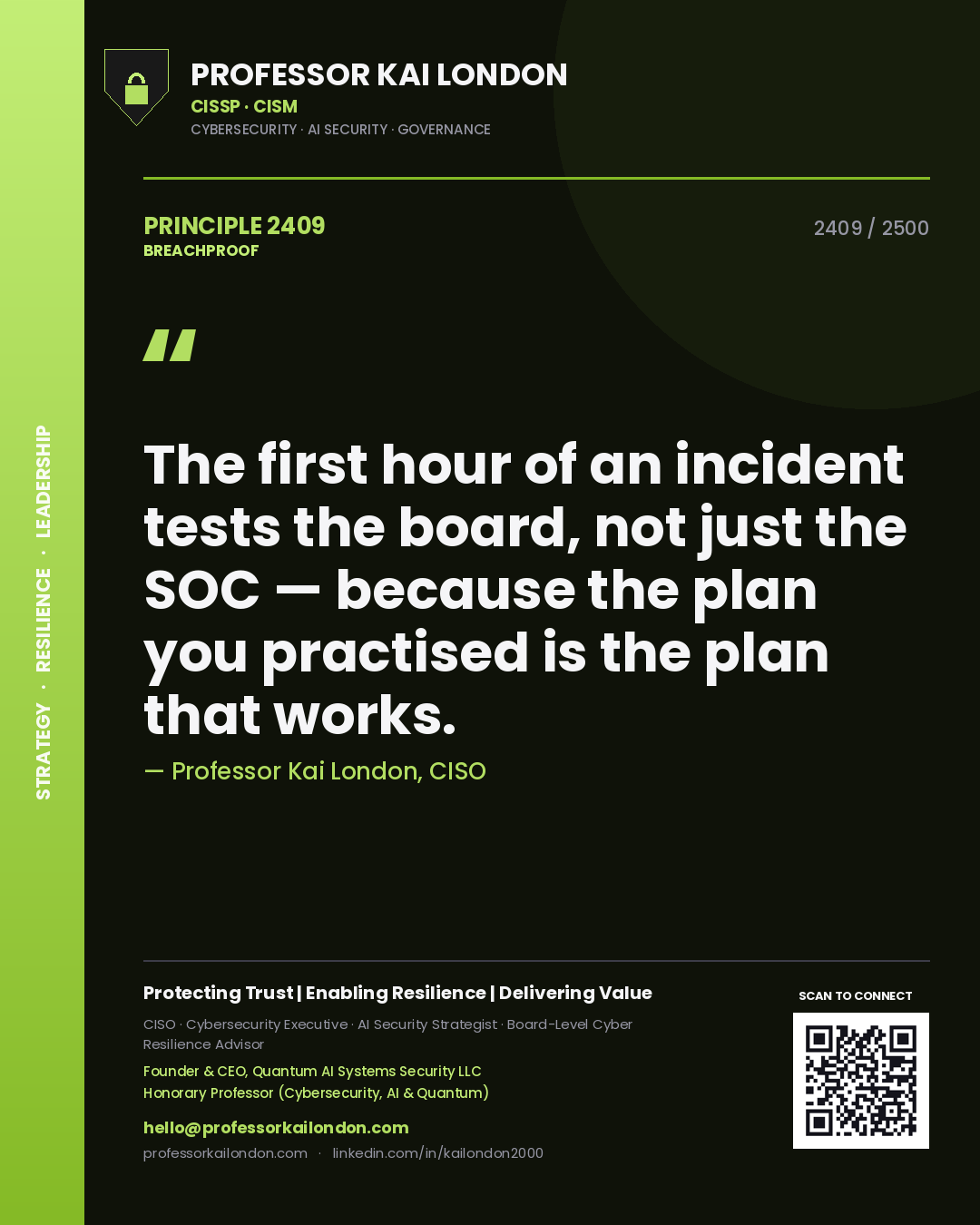 Quote card by Professor Kai London reading 'The first hour of an incident tests the board, not just the SOC — because the plan you practised is the plan that works.'. From the book Breachproof.