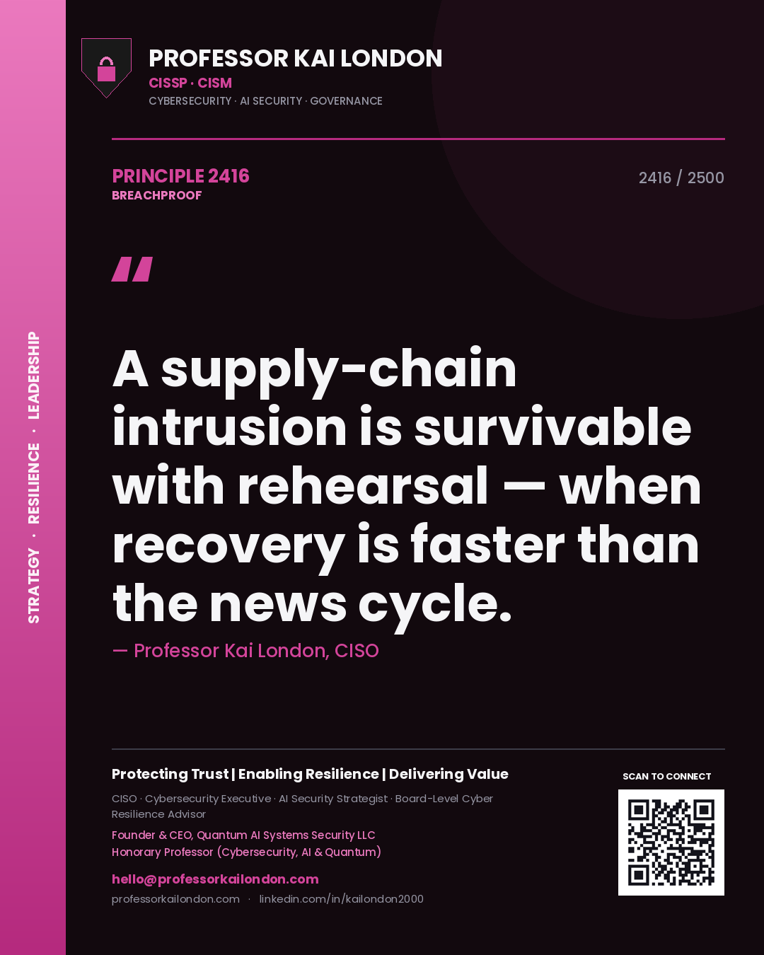 Quote card by Professor Kai London reading 'A supply-chain intrusion is survivable with rehearsal — when recovery is faster than the news cycle.'. From the book Breachproof.
