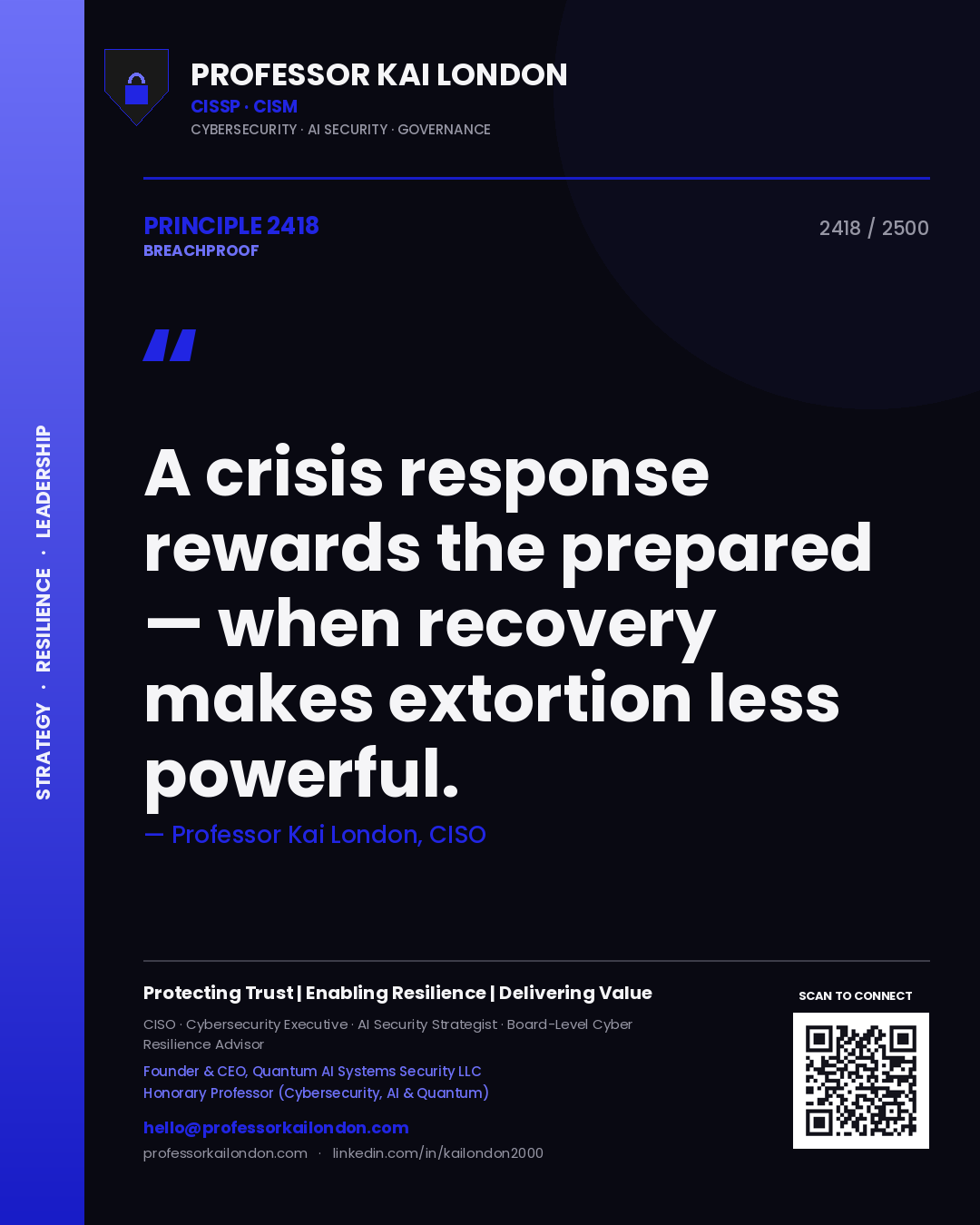 Quote card by Professor Kai London reading 'A crisis response rewards the prepared — when recovery makes extortion less powerful.'. From the book Breachproof.