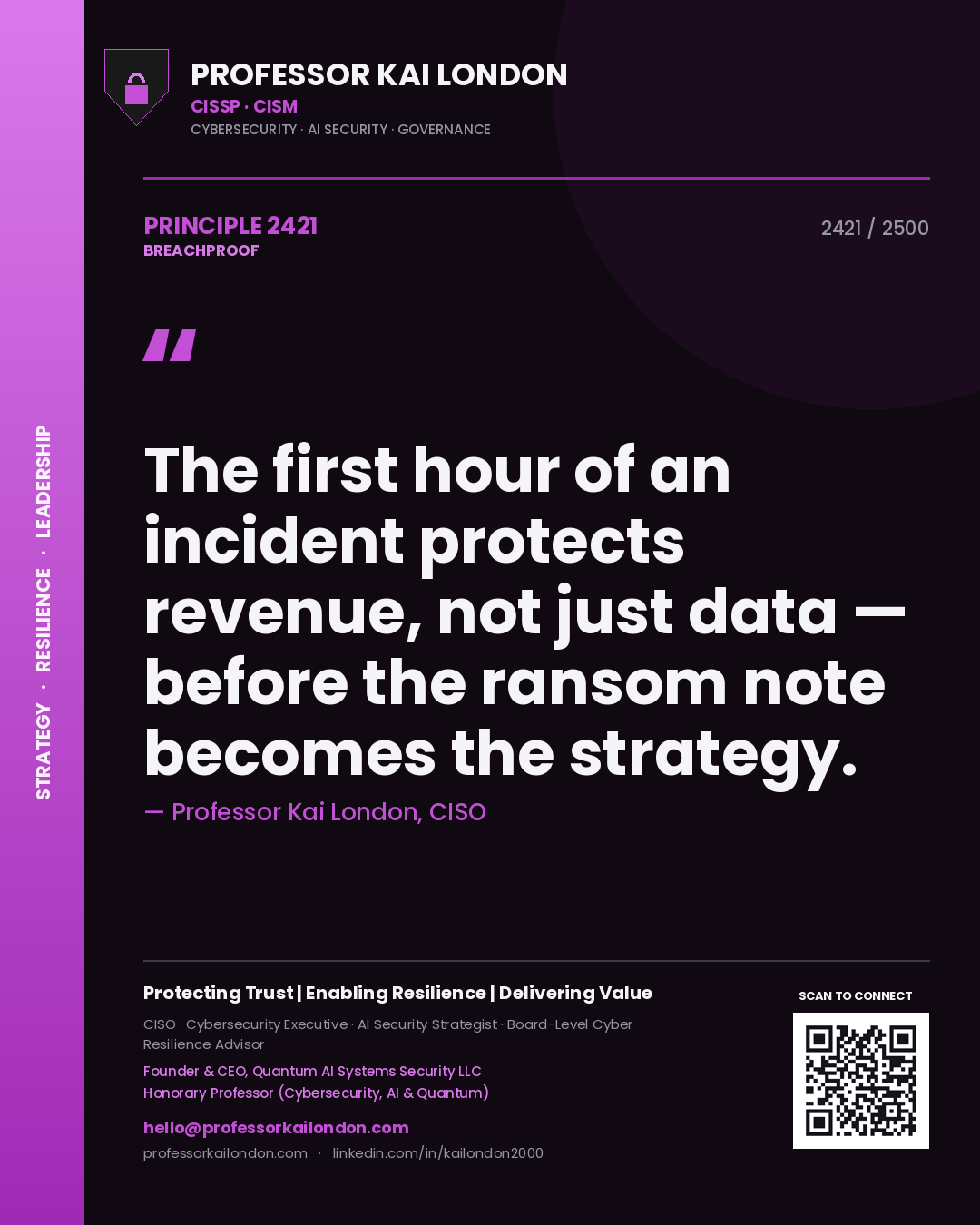 Quote card by Professor Kai London reading 'The first hour of an incident protects revenue, not just data — before the ransom note becomes the strategy.'. From the book Breachproof.