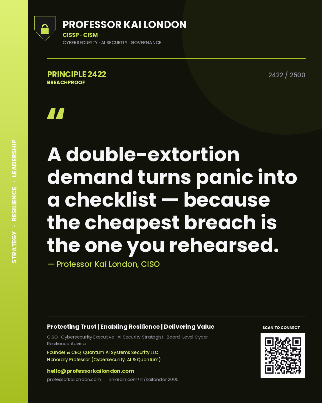 Quote card by Professor Kai London reading 'A double-extortion demand turns panic into a checklist — because the cheapest breach is the one you rehearsed.'. From the book Breachproof.