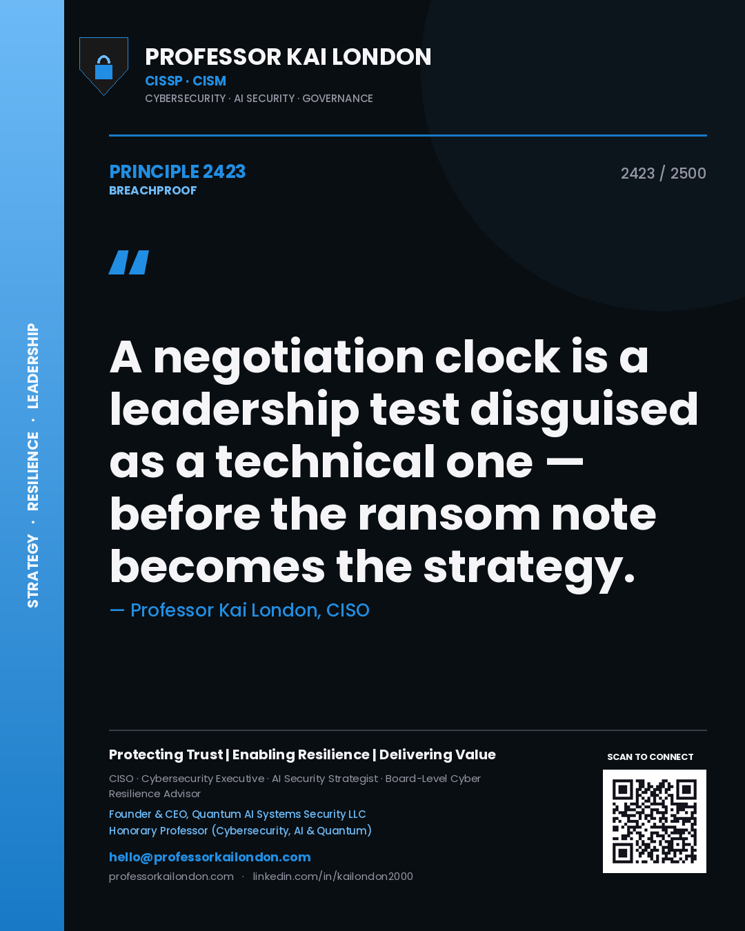 Quote card by Professor Kai London reading 'A negotiation clock is a leadership test disguised as a technical one — before the ransom note becomes the strategy.'. From the book Breachproof.