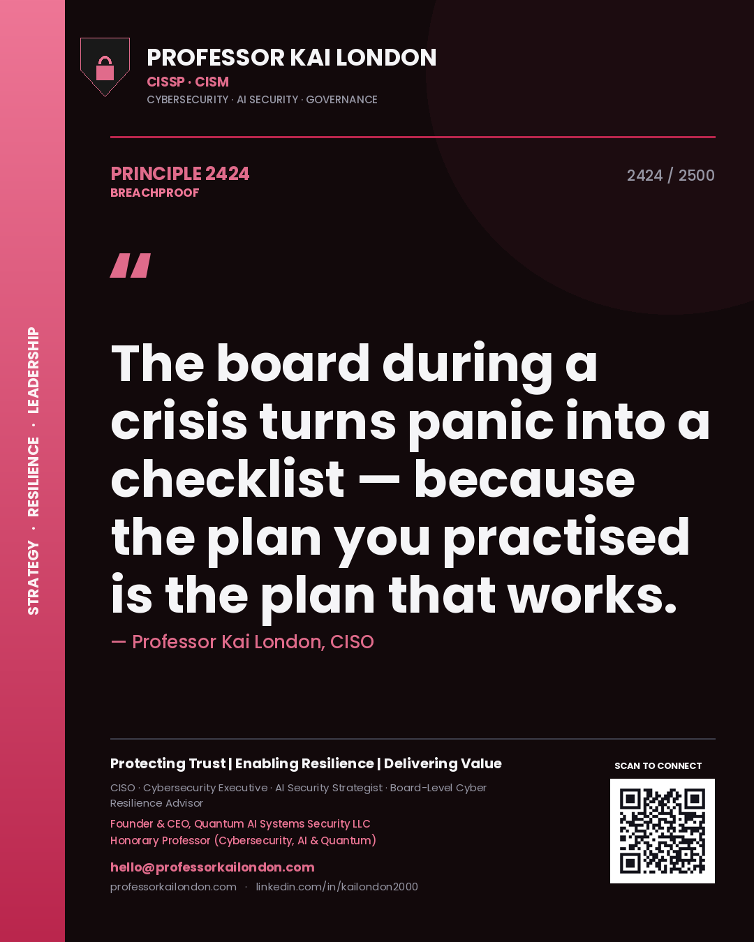 Quote card by Professor Kai London reading 'The board during a crisis turns panic into a checklist — because the plan you practised is the plan that works.'. From the book Breachproof.