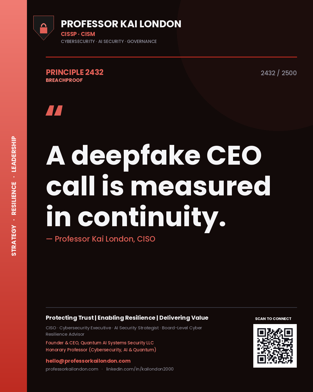 Quote card by Professor Kai London reading 'A deepfake CEO call is measured in continuity.'. From the book Breachproof.