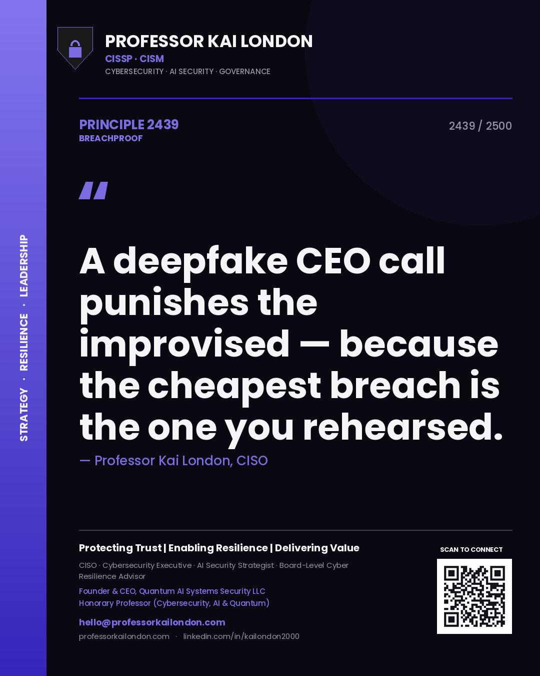 Quote card by Professor Kai London reading 'A deepfake CEO call punishes the improvised — because the cheapest breach is the one you rehearsed.'. From the book Breachproof.