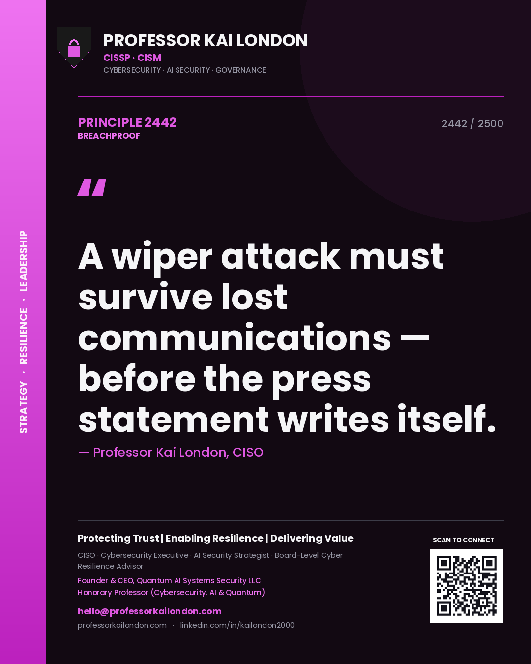 Quote card by Professor Kai London reading 'A wiper attack must survive lost communications — before the press statement writes itself.'. From the book Breachproof.
