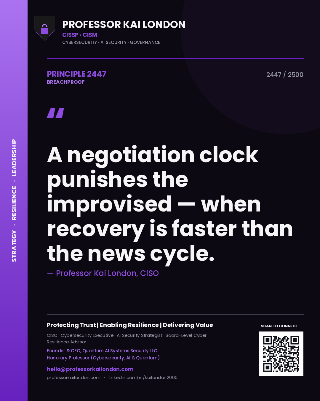 Quote card by Professor Kai London reading 'A negotiation clock punishes the improvised — when recovery is faster than the news cycle.'. From the book Breachproof.