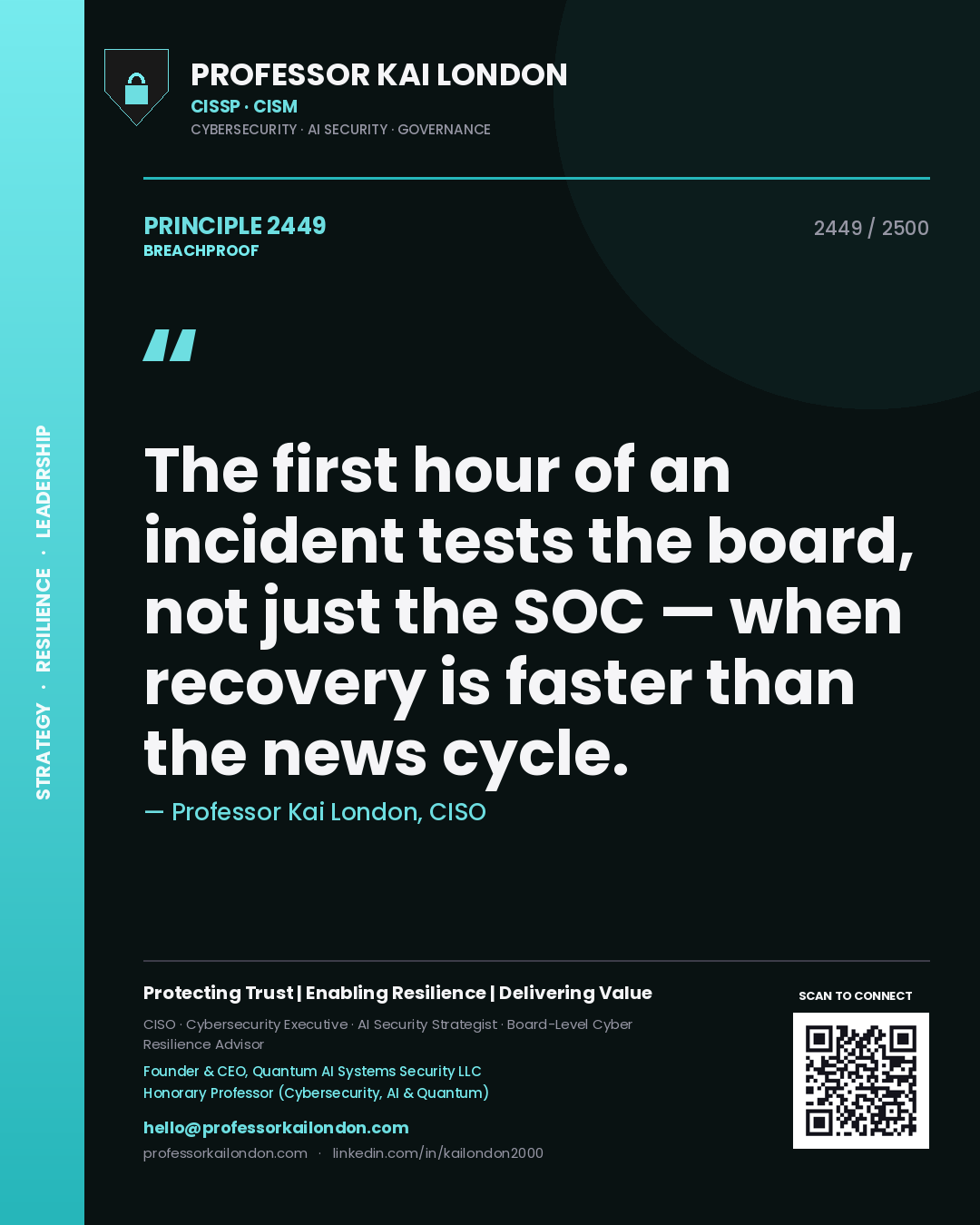 Quote card by Professor Kai London reading 'The first hour of an incident tests the board, not just the SOC — when recovery is faster than the news cycle.'. From the book Breachproof.