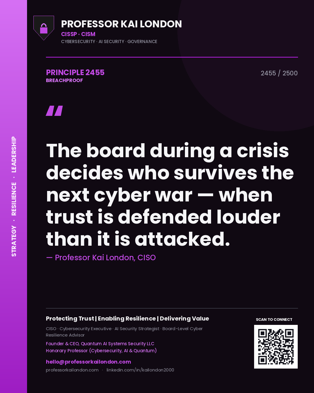 Quote card by Professor Kai London reading 'The board during a crisis decides who survives the next cyber war — when trust is defended louder than it is attacked.'. From the book Breachproof.