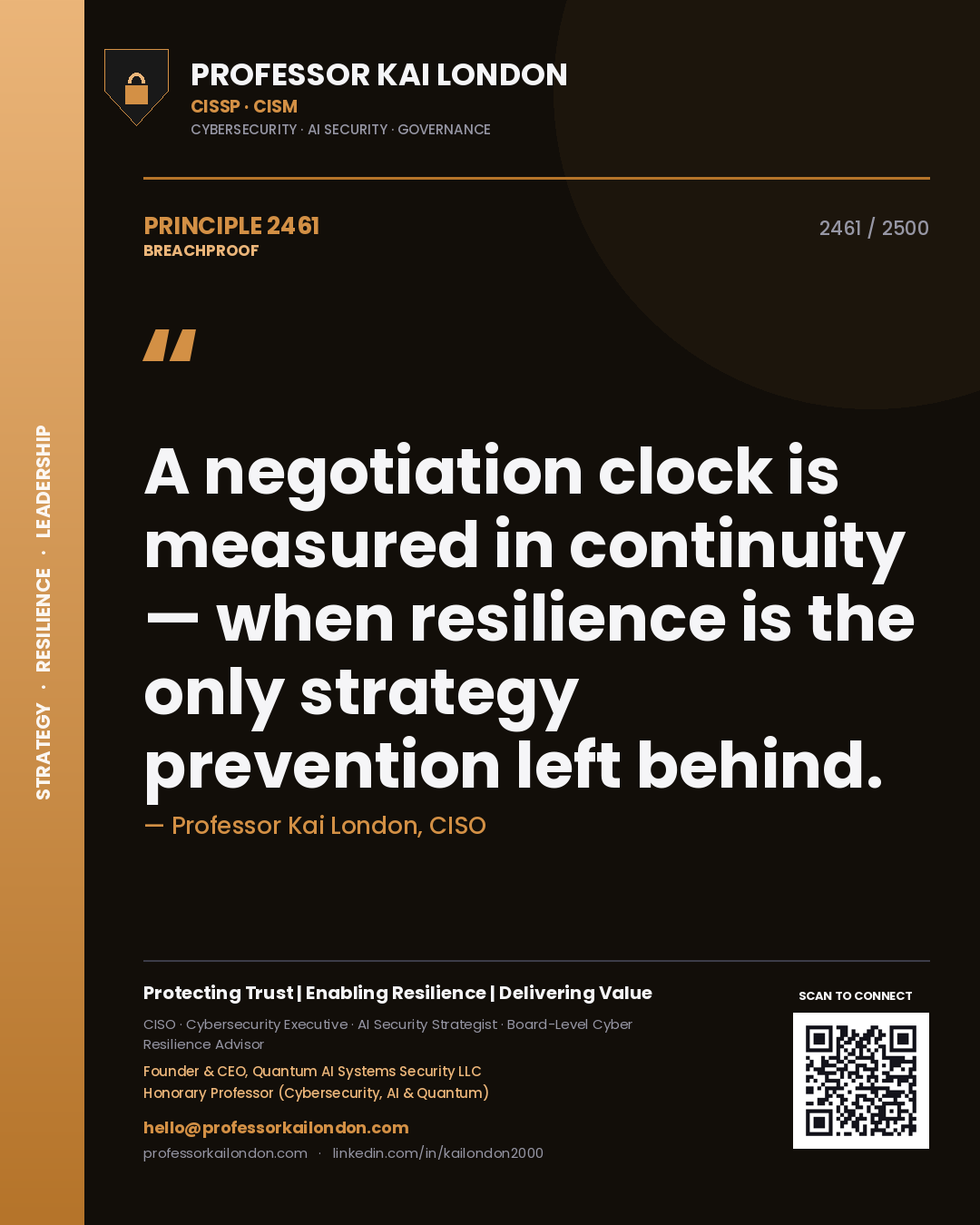 Quote card by Professor Kai London reading 'A negotiation clock is measured in continuity — when resilience is the only strategy prevention left behind.'. From the book Breachproof.