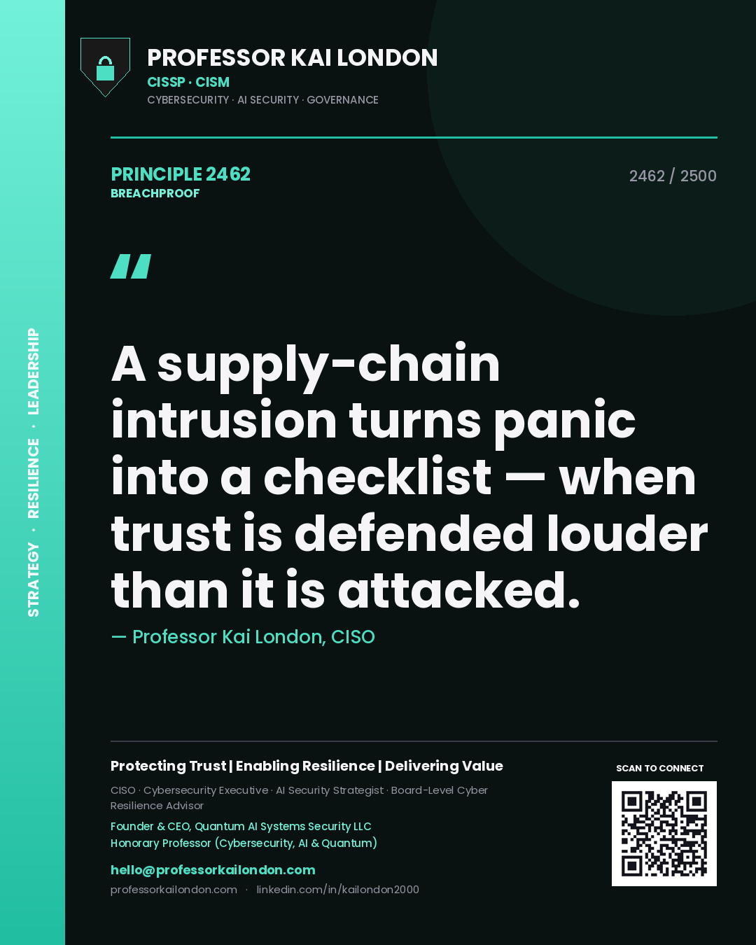 Quote card by Professor Kai London reading 'A supply-chain intrusion turns panic into a checklist — when trust is defended louder than it is attacked.'. From the book Breachproof.