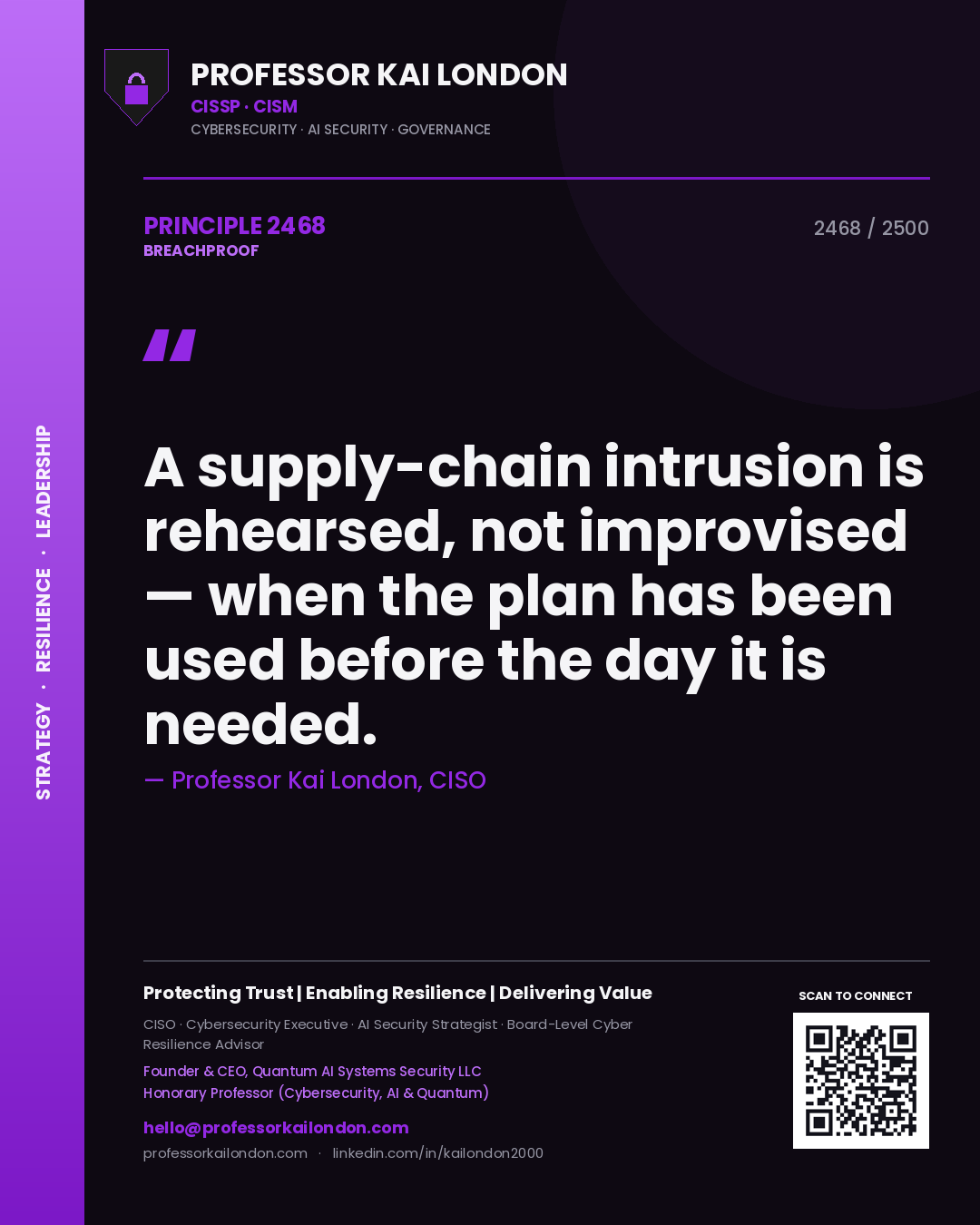 Quote card by Professor Kai London reading 'A supply-chain intrusion is rehearsed, not improvised — when the plan has been used before the day it is needed.'. From the book Breachproof.