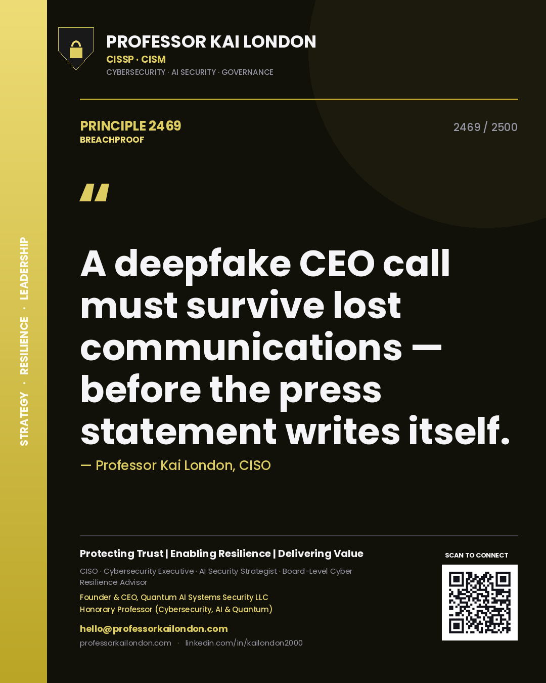 Quote card by Professor Kai London reading 'A deepfake CEO call must survive lost communications — before the press statement writes itself.'. From the book Breachproof.