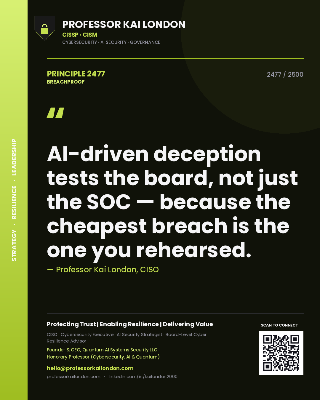 Quote card by Professor Kai London reading 'AI-driven deception tests the board, not just the SOC — because the cheapest breach is the one you rehearsed.'. From the book Breachproof.