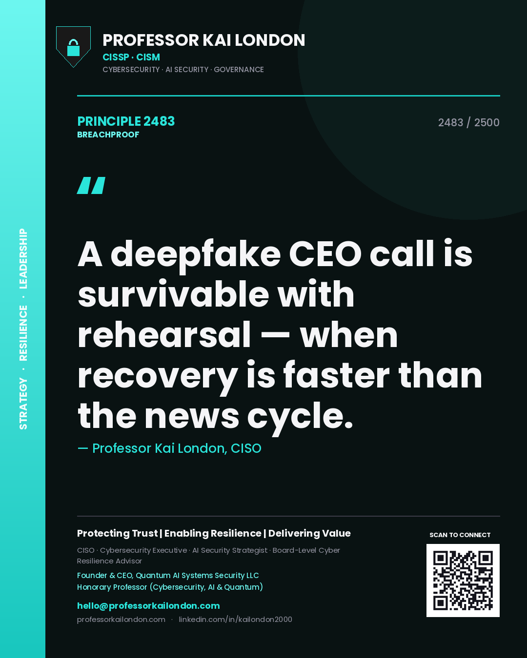 Quote card by Professor Kai London reading 'A deepfake CEO call is survivable with rehearsal — when recovery is faster than the news cycle.'. From the book Breachproof.