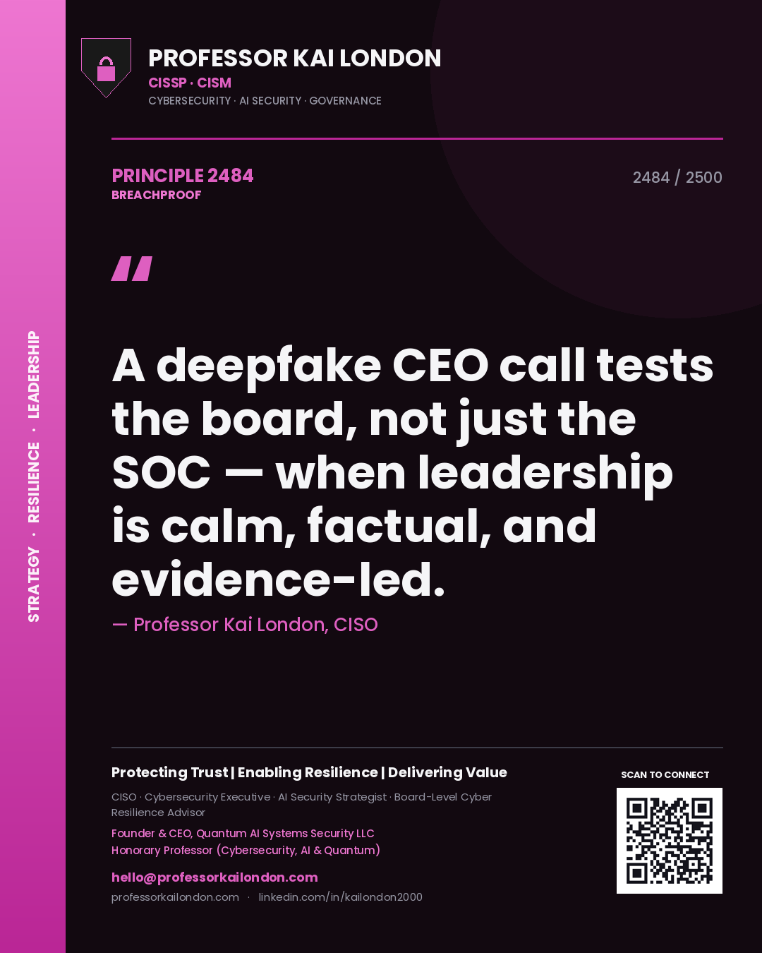 Quote card by Professor Kai London reading 'A deepfake CEO call tests the board, not just the SOC — when leadership is calm, factual, and evidence-led.'. From the book Breachproof.