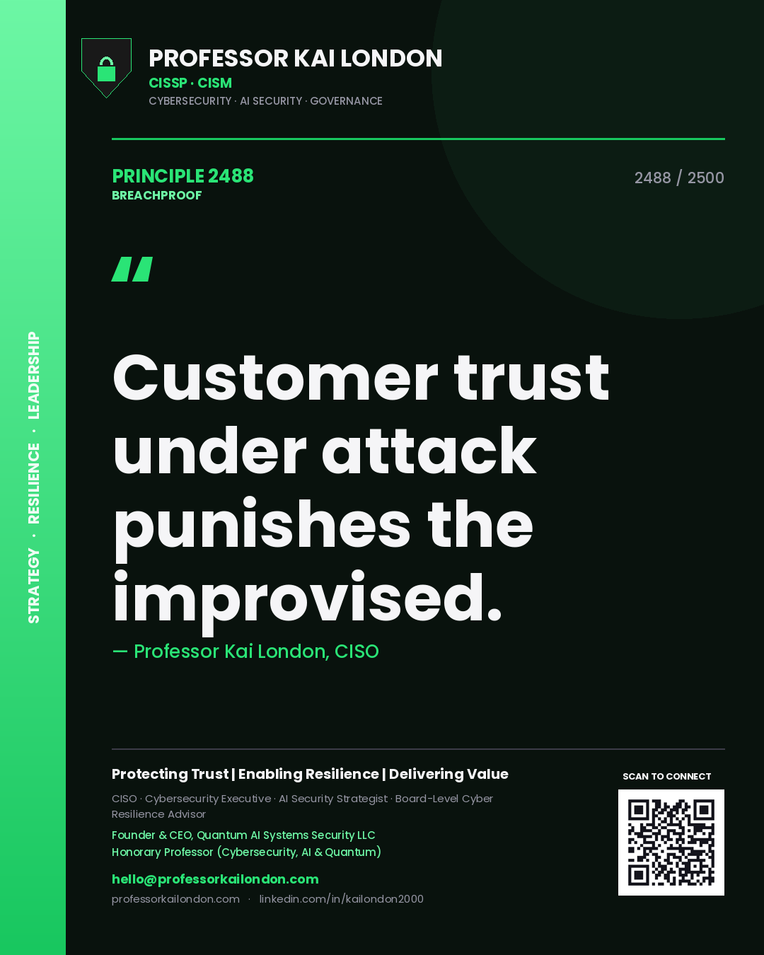 Quote card by Professor Kai London reading 'Customer trust under attack punishes the improvised.'. From the book Breachproof.