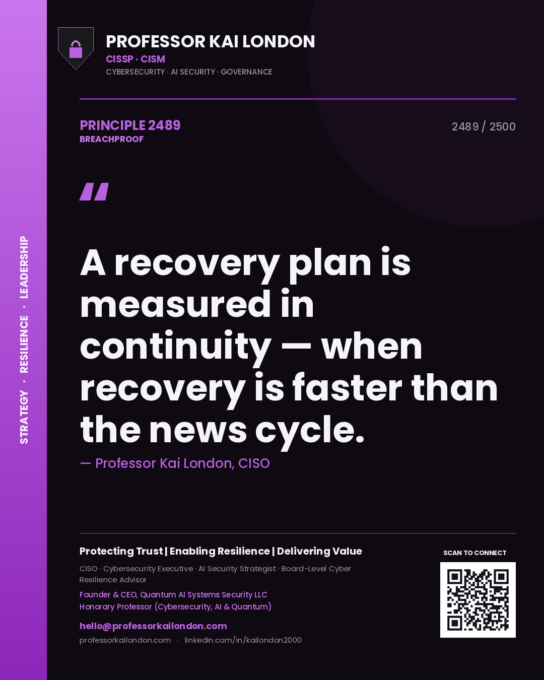 Quote card by Professor Kai London reading 'A recovery plan is measured in continuity — when recovery is faster than the news cycle.'. From the book Breachproof.