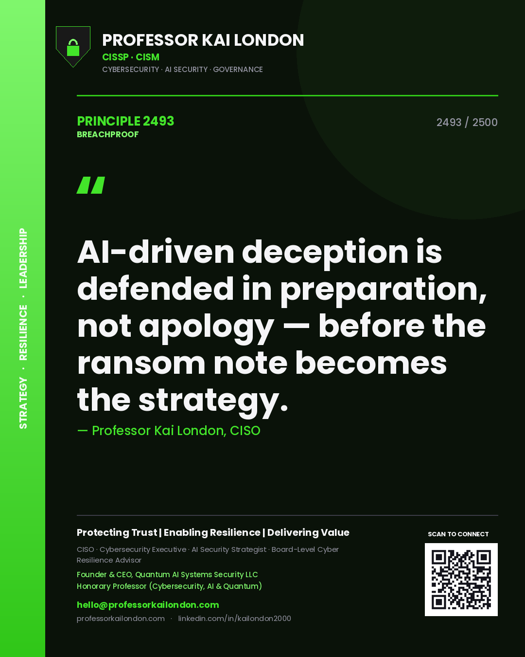 Quote card by Professor Kai London reading 'AI-driven deception is defended in preparation, not apology — before the ransom note becomes the strategy.'. From the book Breachproof.