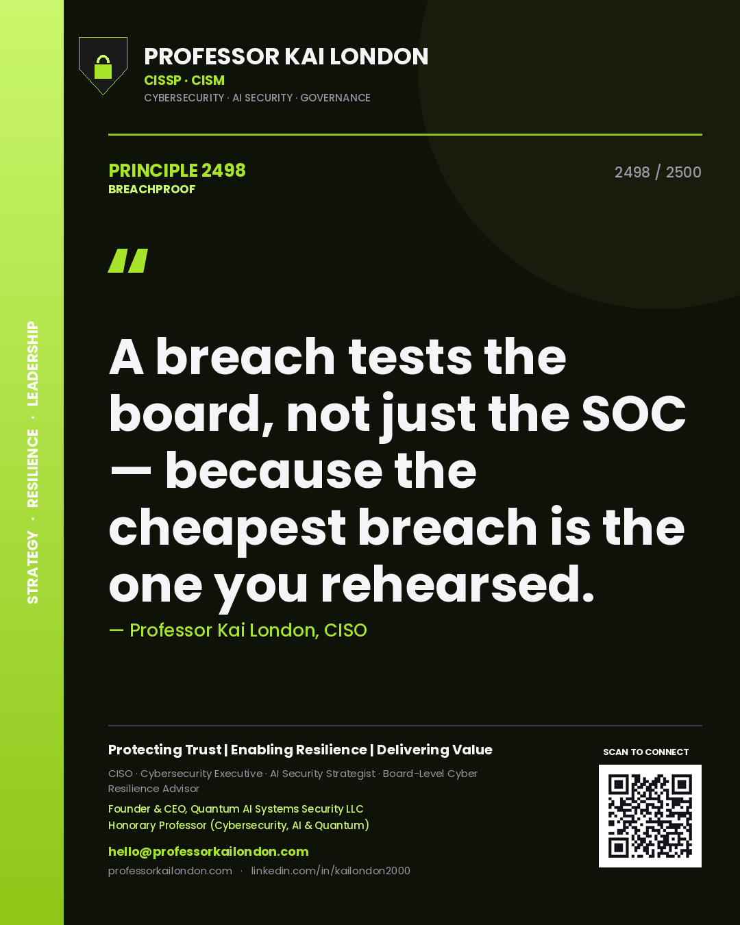 Quote card by Professor Kai London reading 'A breach tests the board, not just the SOC — because the cheapest breach is the one you rehearsed.'. From the book Breachproof.