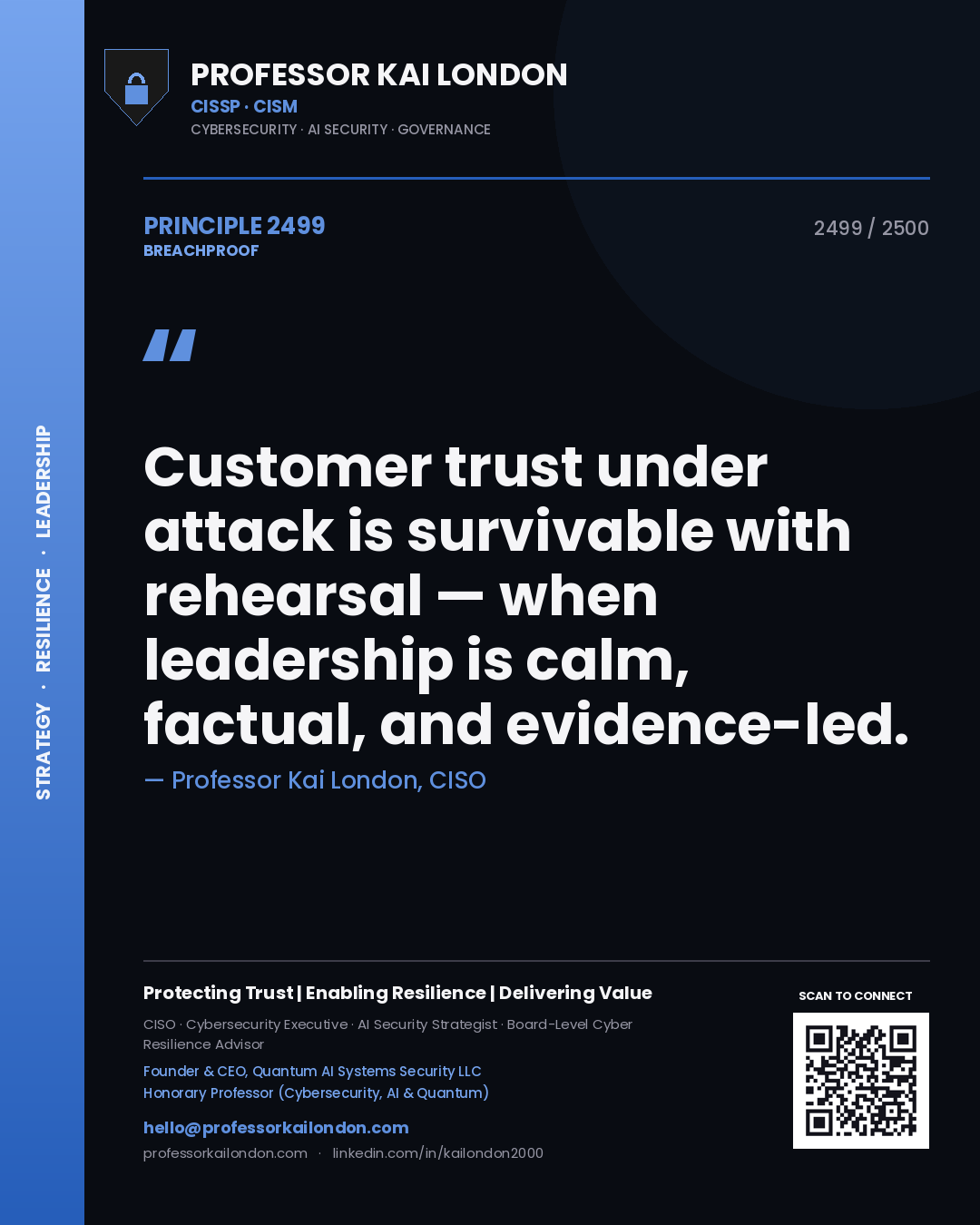 Quote card by Professor Kai London reading 'Customer trust under attack is survivable with rehearsal — when leadership is calm, factual, and evidence-led.'. From the book Breachproof.