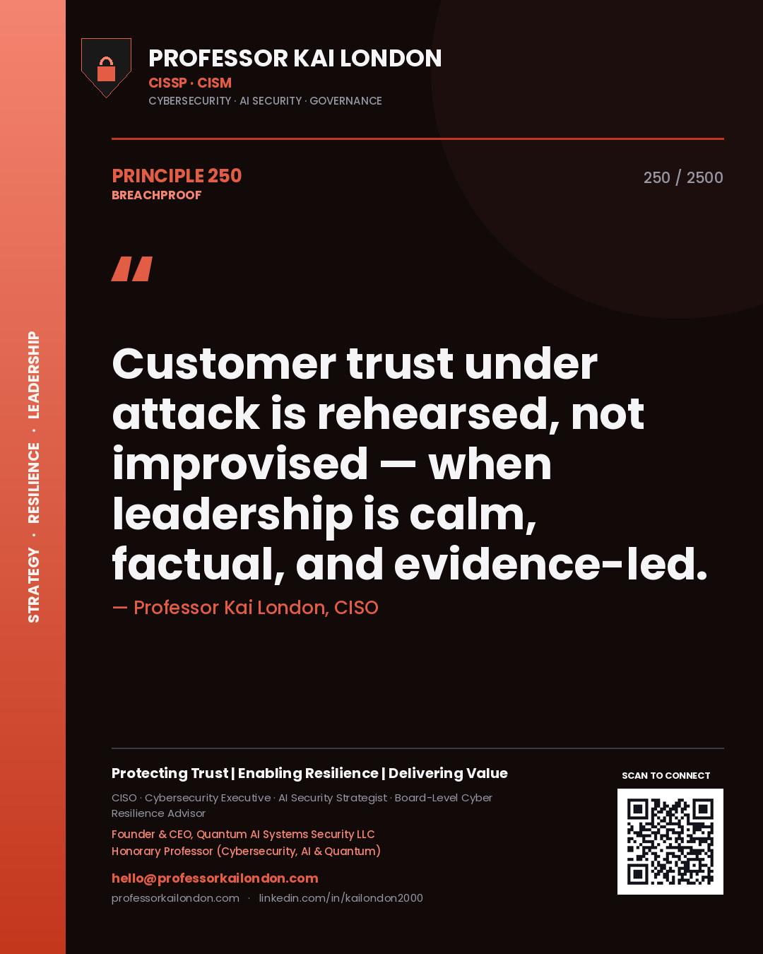 Quote card by Professor Kai London reading 'Customer trust under attack is rehearsed, not improvised — when leadership is calm, factual, and evidence-led.'. From the book Breachproof.