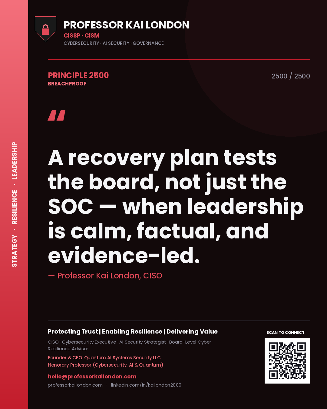 Quote card by Professor Kai London reading 'A recovery plan tests the board, not just the SOC — when leadership is calm, factual, and evidence-led.'. From the book Breachproof.