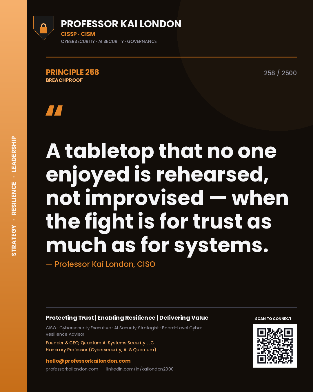 Professor Kai London principle 258: A tabletop that no one enjoyed is rehearsed, not improvised — when the fight is for trust as much as for systems.