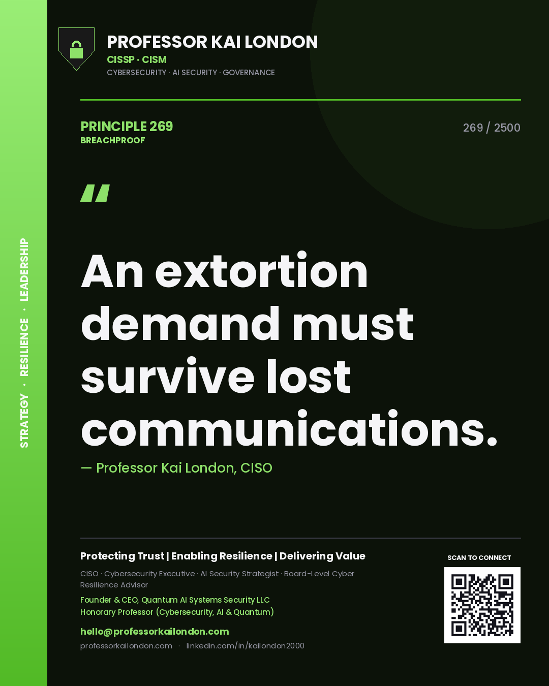Quote card by Professor Kai London reading 'An extortion demand must survive lost communications.'. From the book Breachproof.