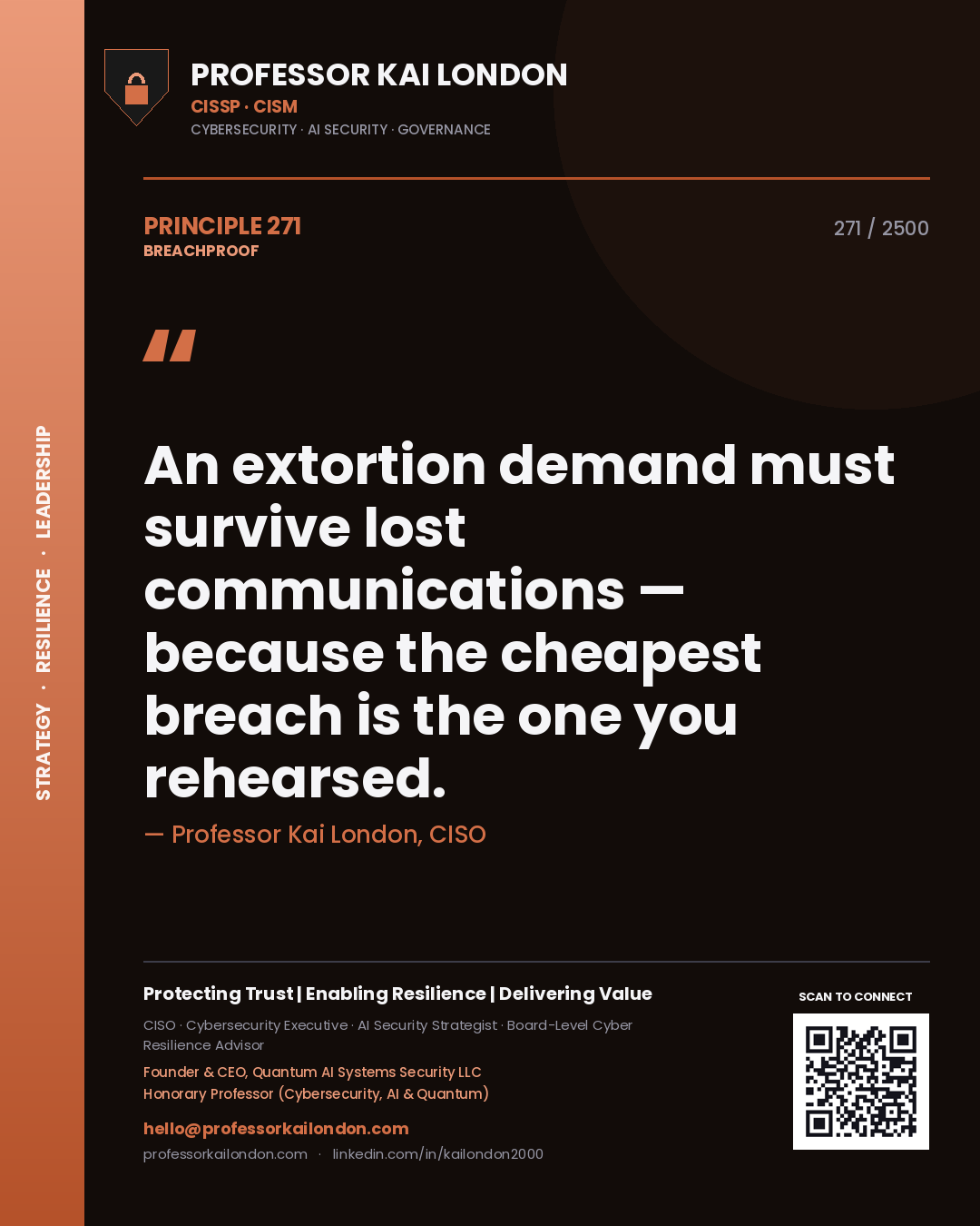 Professor Kai London principle 271: An extortion demand must survive lost communications — because the cheapest breach is the one you rehearsed.