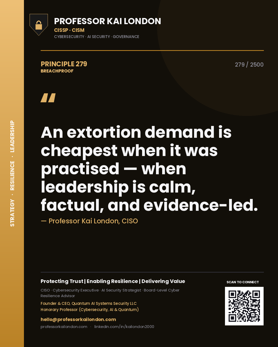 Quote card by Professor Kai London reading 'An extortion demand is cheapest when it was practised — when leadership is calm, factual, and evidence-led.'. From the book Breachproof.
