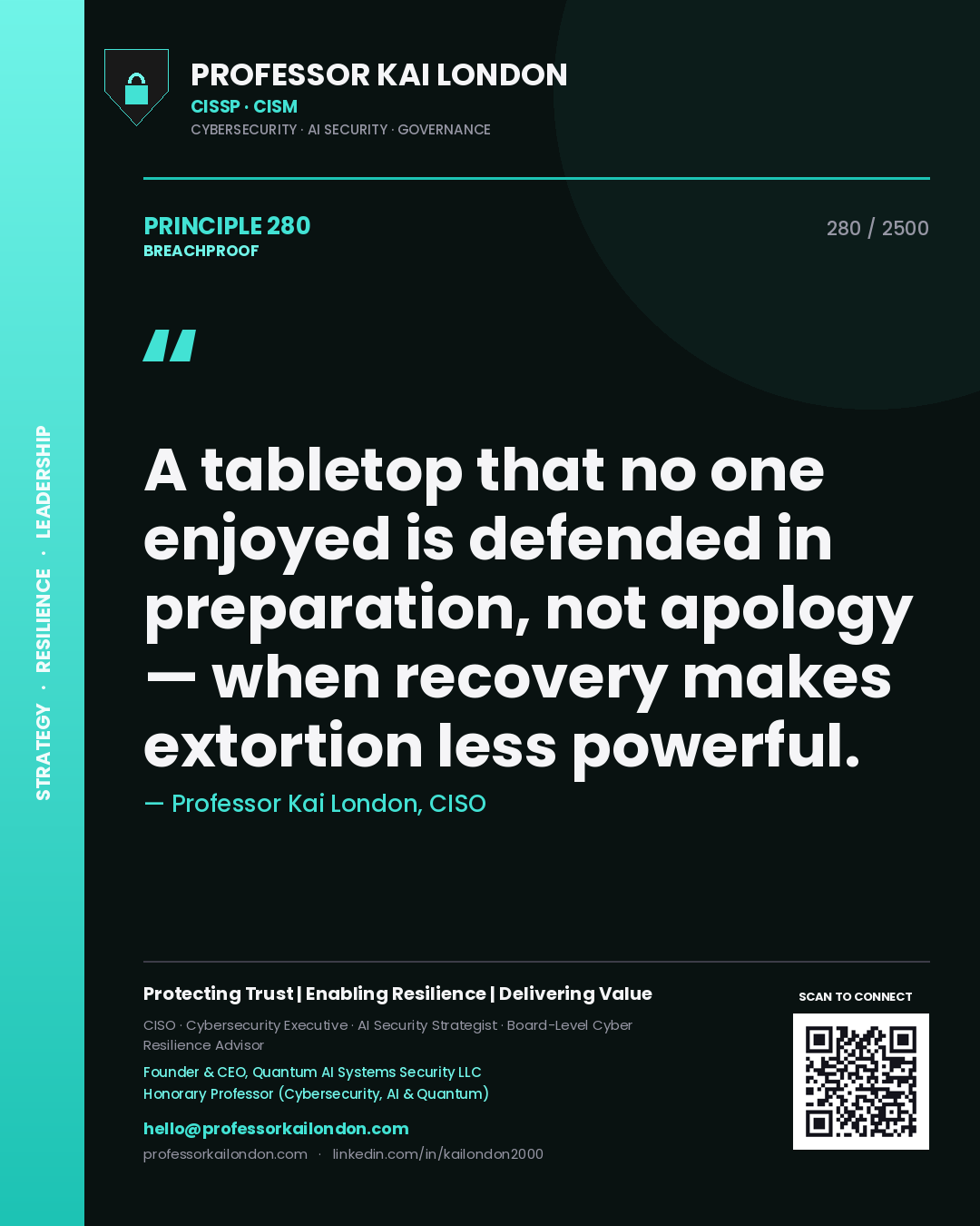 Quote card by Professor Kai London reading 'A tabletop that no one enjoyed is defended in preparation, not apology — when recovery makes extortion less powerful.'. From the book Breachproof.