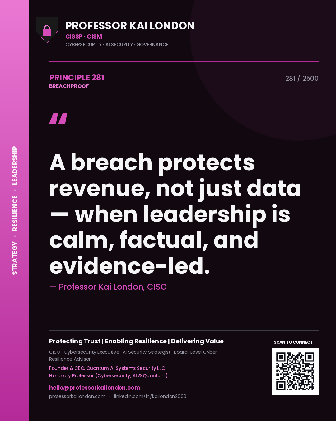 Quote card by Professor Kai London reading 'A breach protects revenue, not just data — when leadership is calm, factual, and evidence-led.'. From the book Breachproof.