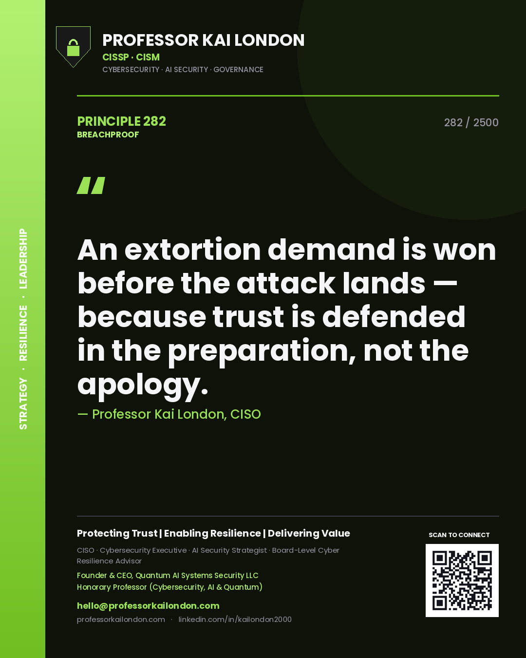 Quote card by Professor Kai London reading 'An extortion demand is won before the attack lands — because trust is defended in the preparation, not the apology.'. From the book Breachproof.