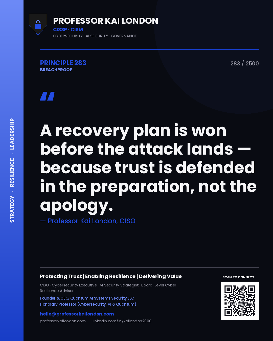 Quote card by Professor Kai London reading 'A recovery plan is won before the attack lands — because trust is defended in the preparation, not the apology.'. From the book Breachproof.