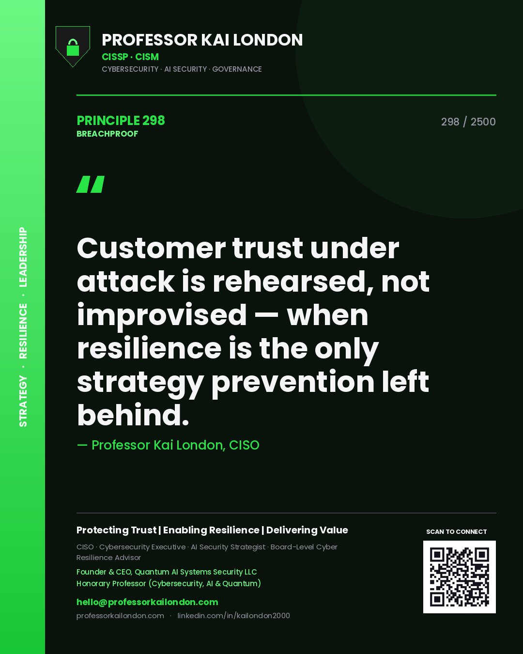 Professor Kai London principle 298: Customer trust under attack is rehearsed, not improvised — when resilience is the only strategy prevention left behind.