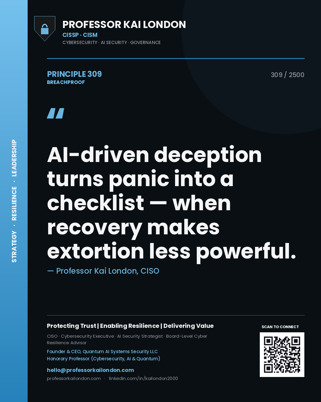Professor Kai London principle 309: AI-driven deception turns panic into a checklist — when recovery makes extortion less powerful.